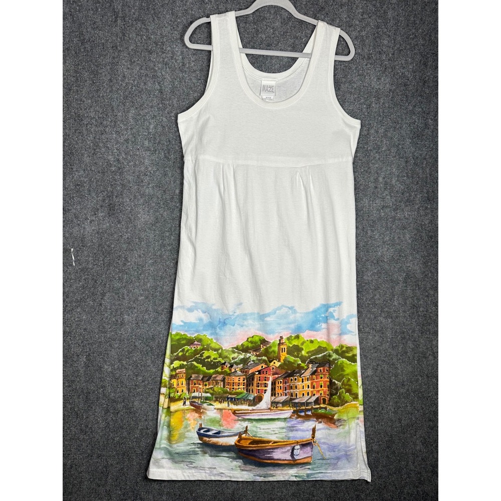 Maze Womens Coastal Watercolor Graphic Maxi Dress White Medium M Cotton Pockets - Picture 2 of 13